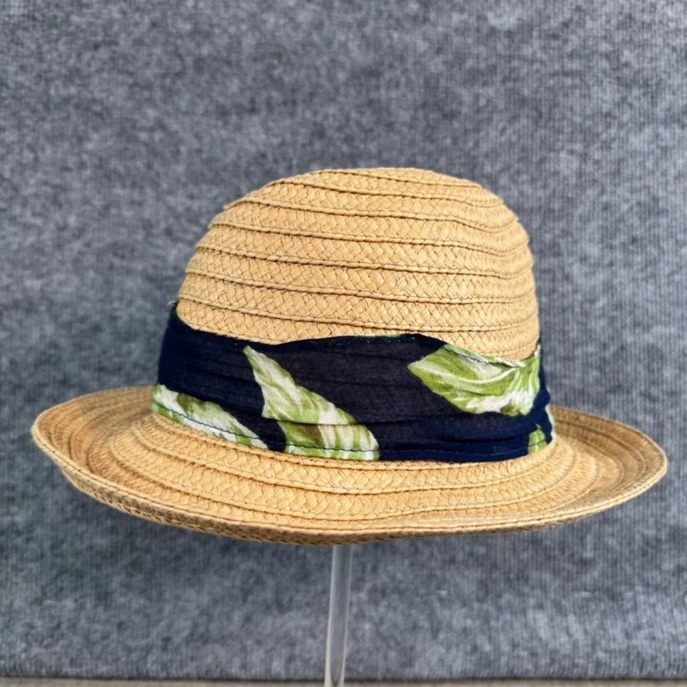 Ann Taylor Factory Straw Fedora Hat Tan Tropical Leaf Print Band Summer Sun Hat